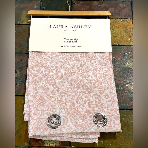Laura Ashley Grommet Top Taupe White Floral Sheer Curtain Panel Pair 38